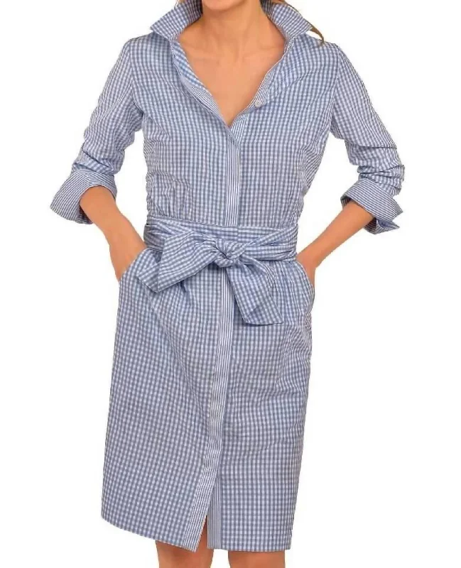 Breezy Blouson Gingham Dress In Blue Embroidered unclassified dresses