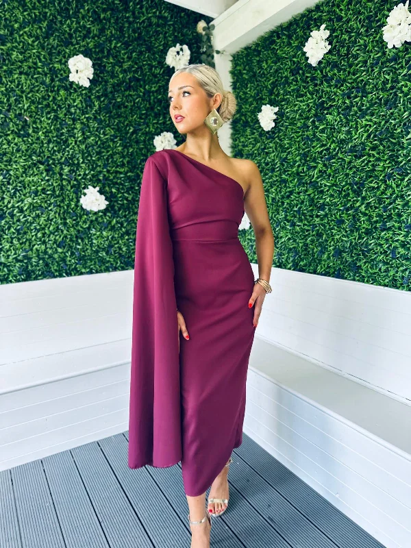 Cameron Cape Detail Occasion Dress Burgundy Smocked unclassified dresses