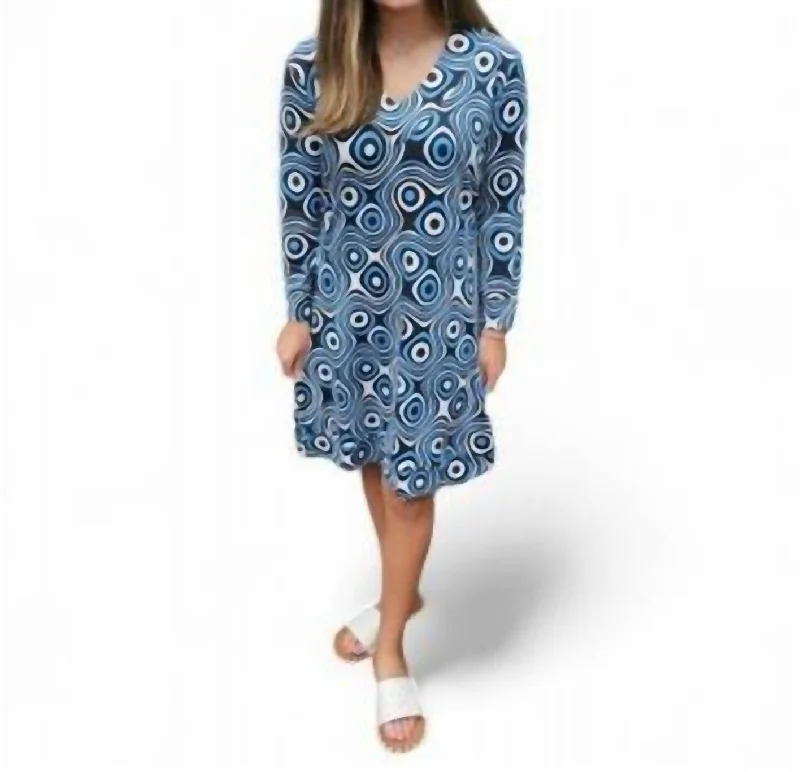 Circle And Swirl Print Vneck Dress In Black/blue/white Satin unclassified dresses