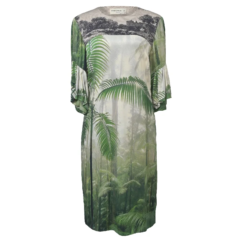 Dries Van Noten Jungle Print Dress in Green Silk Backless unclassified dresses