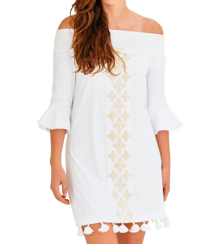 Embroidered Off The Shoulder Dress In White Denim unclassified dresses