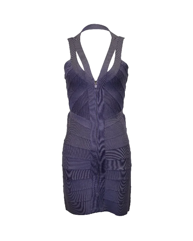 Herve Leger Front-Zip Bandage Dress in Navy Blue Rayon Printed unclassified dresses