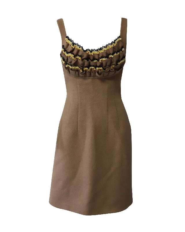 Prada Beaded Ruffle Sleeveless Dress in Nude Brown Wool Stretchy unclassified dresses