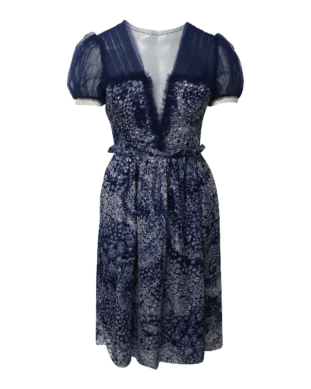 Rodarte Puff Sleeve Knee Length Printed Dress in Blue Silk Budget-friendly unclassified dresses