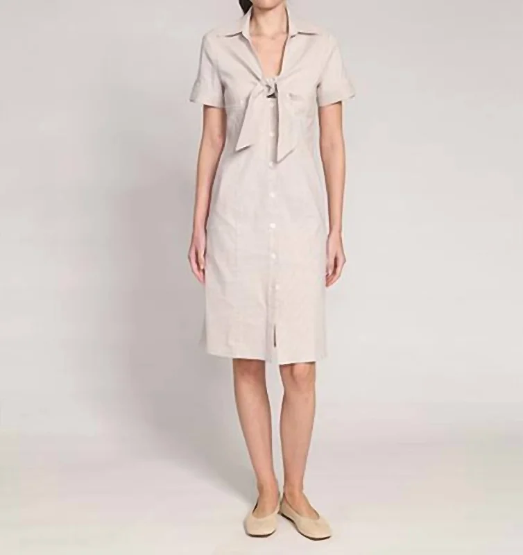 Seersucker Tie Collar Dress In Natural Stripe Earthy tone unclassified dresses