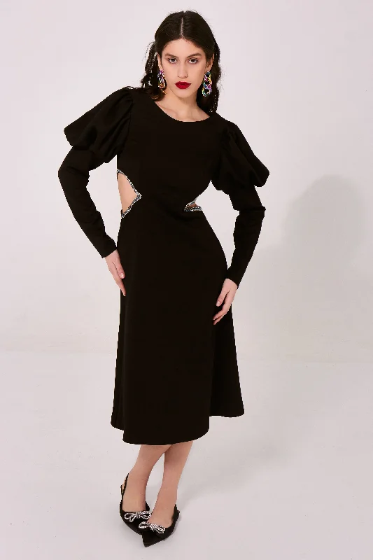 Silhouette high-waisted dress with buff sleeves and embroidered waistline Tiered unclassified dresses