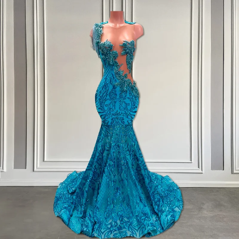 Sparkly Lace Peacock Blue Prom Dress Long 2024 Luxury Beaded Black Girls Mermaid Fitted Prom Gowns with Tassel Lace Dress Flare