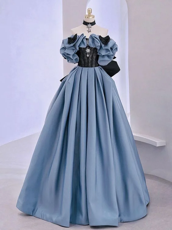 Blue Satin Lace Long Prom Dress, Off Shoulder Evening Dress Y5621 Lace Dress for Weddings