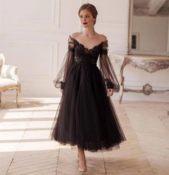 Elegant Black Illusion Full Sleeve V-Neck Lace Appliques Backless A-Line Ankle-Length Evening Dress S26660 Elegant Lace Dress