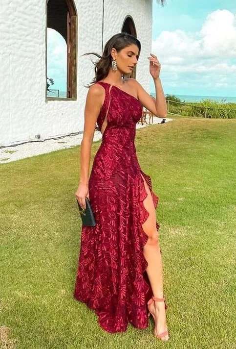 Elegant One Shoulder Red Lace Prom Evening Dresses with Slit Y5293 Tiered Lace Gown