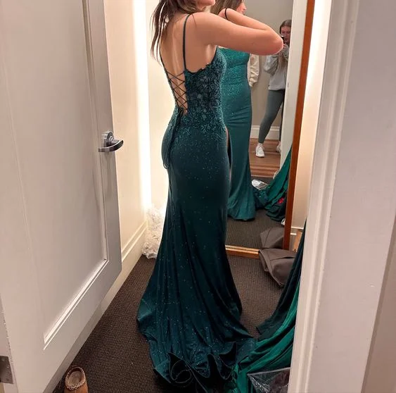 Green Mermaid Long Prom Dress Lace-up Back Y7357 Lace Dress Glow