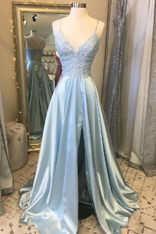 Light Blue Lace Lace-Up Back A-Line Prom Dress with Slit Y7424 Full Lace Dress