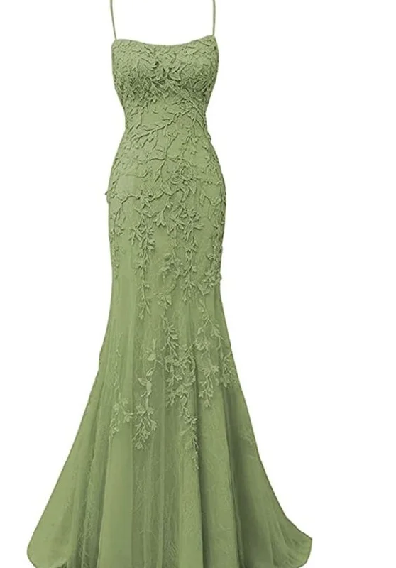 Sage Green Lace Appliques Dresses Long Prom Dress Mermaid Spaghetti Straps Evening Dress Y295 Lace Mini Dress