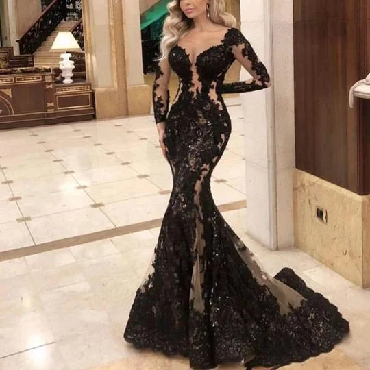 modest black prom dresses long sleeve lace appliqué elegant evening gown formal dresses S11019 Lace Dress Appeal