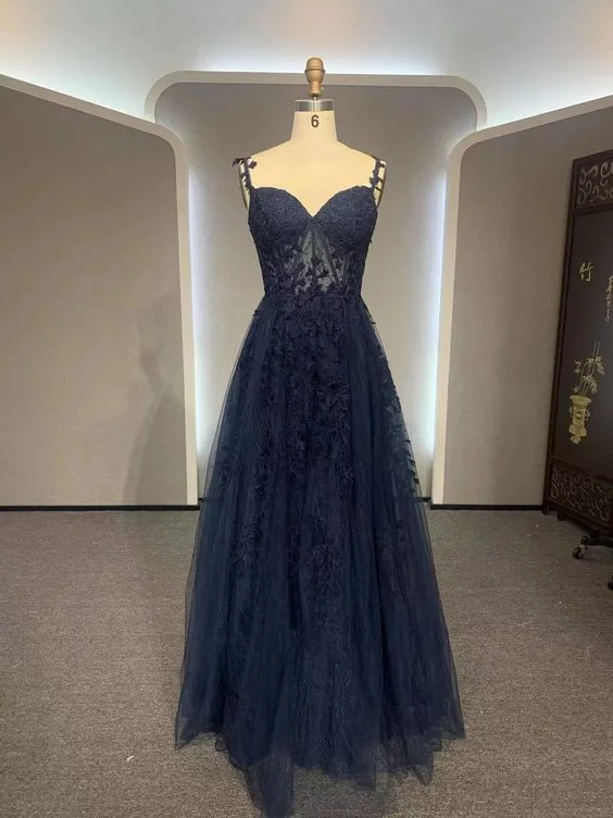 Navy Blue Long Lace Prom Dresses,Navy Blue Long Lace Formal Dress Y7423 Lace Evening Gown