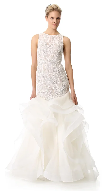 Theia Embroidered Lace Cascading Ruffle Gown Sexy Lace Gown