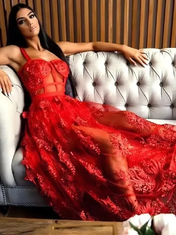 SEE THROUGH A LINE RED LACE LONG PROM DRESS Simple Lace Gown