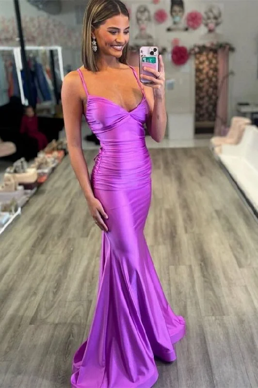 Sexy Purple V-Neck Lace-Up Back Mermaid Long Prom Dress  Y7277 Lace Dress Modern