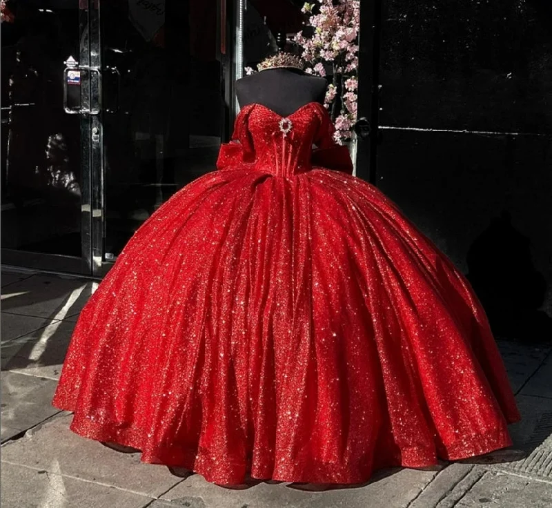 Shinning Red Ball Gown Quinceanera Dress Off The Shoulder Mexican Sweet 16 Dress Princess Lace-up Vestido De 15 Años Lace High Neck Dress