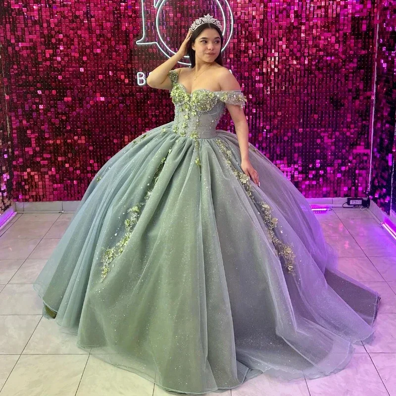 Sparkly Green Off The Shoulder Quinceanera Dresses Applique Lace Beads Tull Ball Gown Princess Dress vestidos 15 de quinceañera Off-the-shoulder Lace