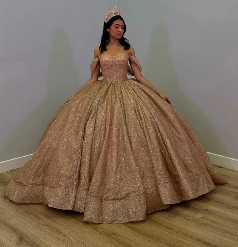 Sparkly Rose Gold 2024 Luxury Ball Gown Quinceanera Dresses Glitter Off Shoulder Sweet 16 Dress Vestido De 15 Anos Lace-Up Soft Lace Dress