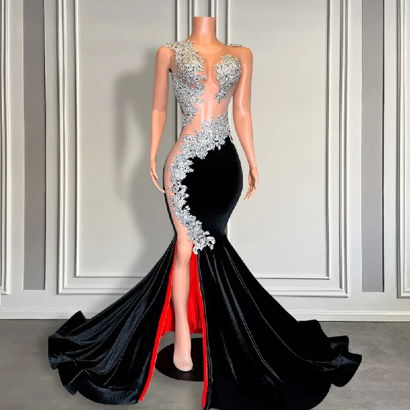 Sexy Black Velvet Slit Long Prom Dress with Red Lining Black Girls Silver Lace Appliques Sheer Mesh Mermaid Prom Gala Gown Lace Dress Twirl