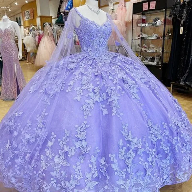 Stunning Girl's Quinceanera Dresses Princess Ball Gown Butterfly Lace With Cape Sweet vestidos de 15 quinceañera 16 Light Lace Dress